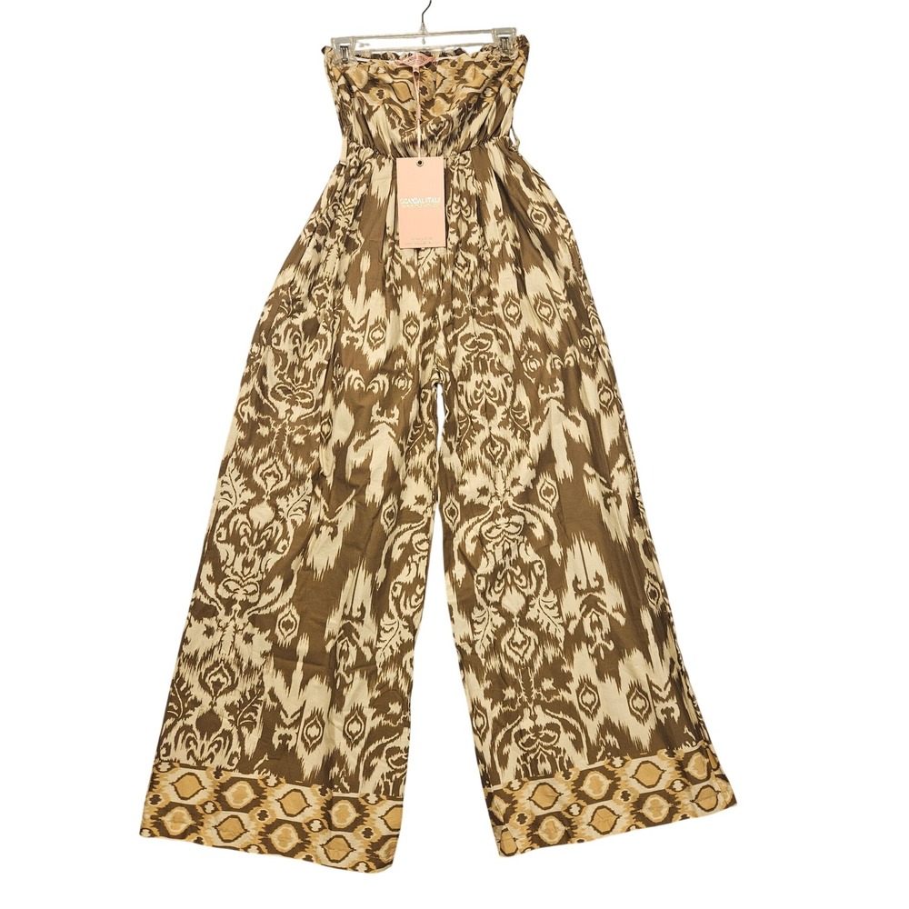 Scandal Italy Strapless Wide Leg Jumpsuit Brown Ikat Damask Smocked Italy